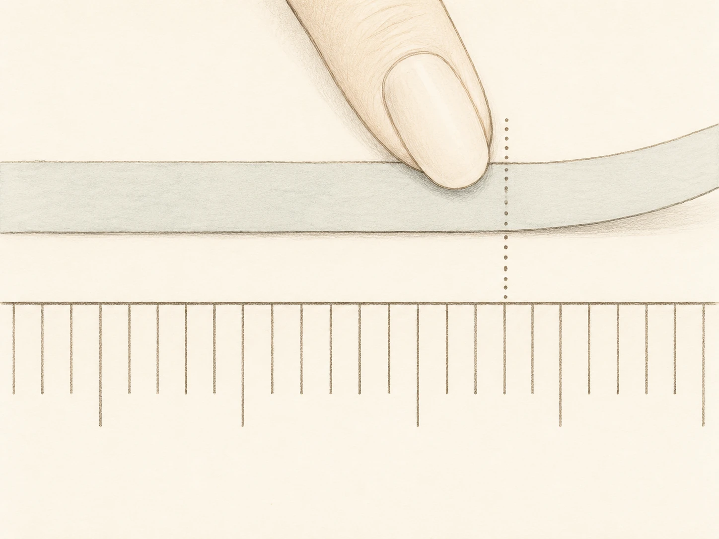 A marked paper strip laid flat against a millimeter ruler with its starting edge aligned to zero.