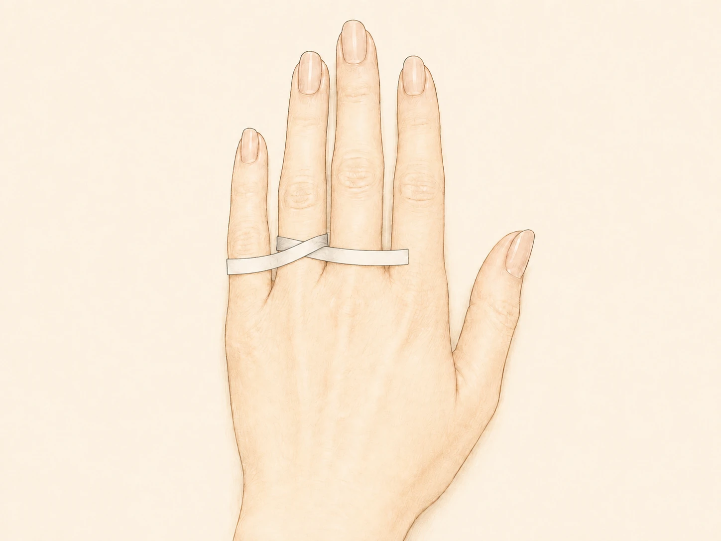 A narrow strip of paper wrapped flat around the base of the ring finger without pulling tightly.
