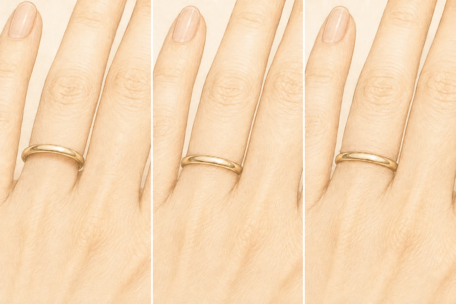 Three ring fit examples showing a ring that is too loose, comfortably fitted and too tight.
