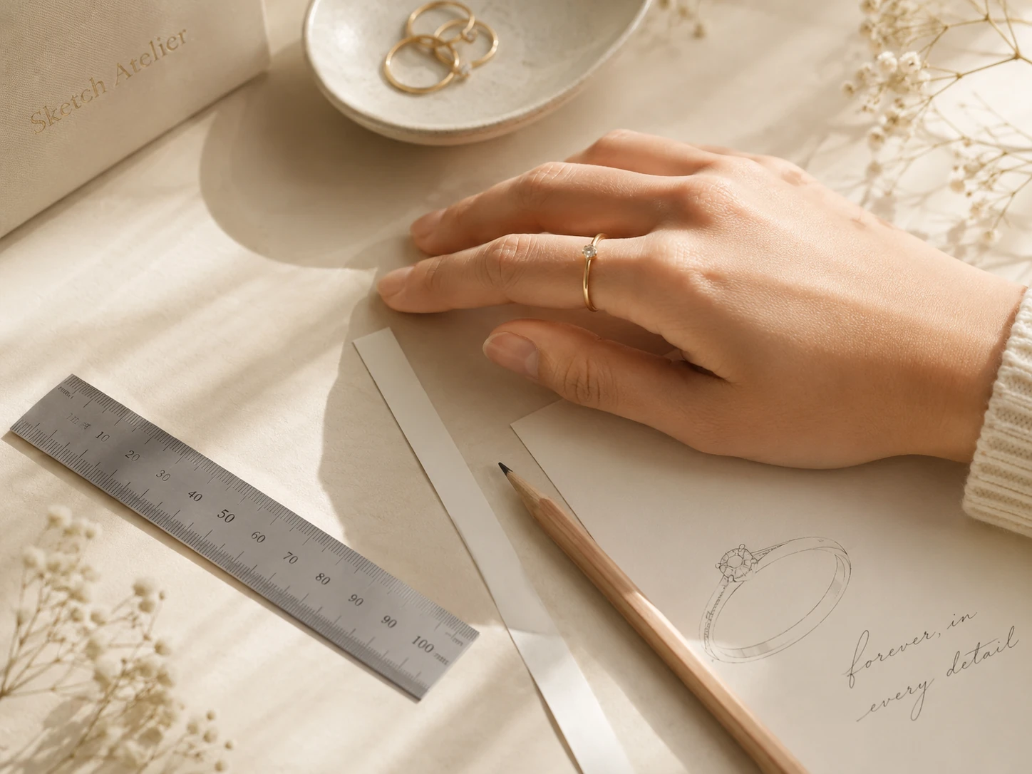 A hand wearing a delicate ring beside a millimeter ruler, paper strip and jewelry sketch on a warm ivory worktable.