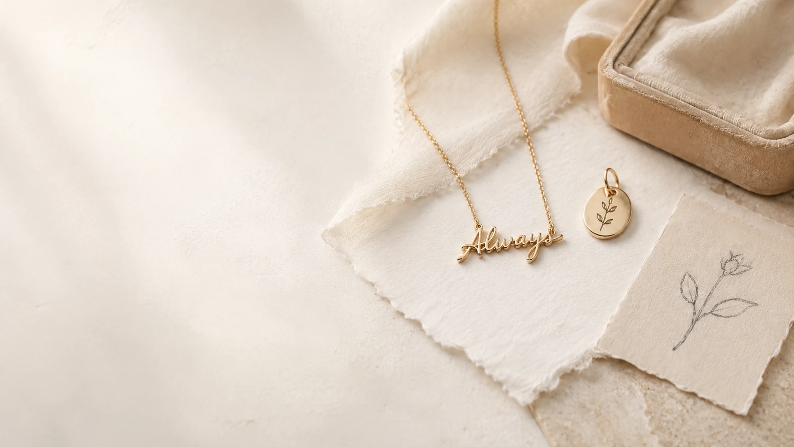 Gold handwriting necklace and botanical charm beside a handwritten note and flower sketch.