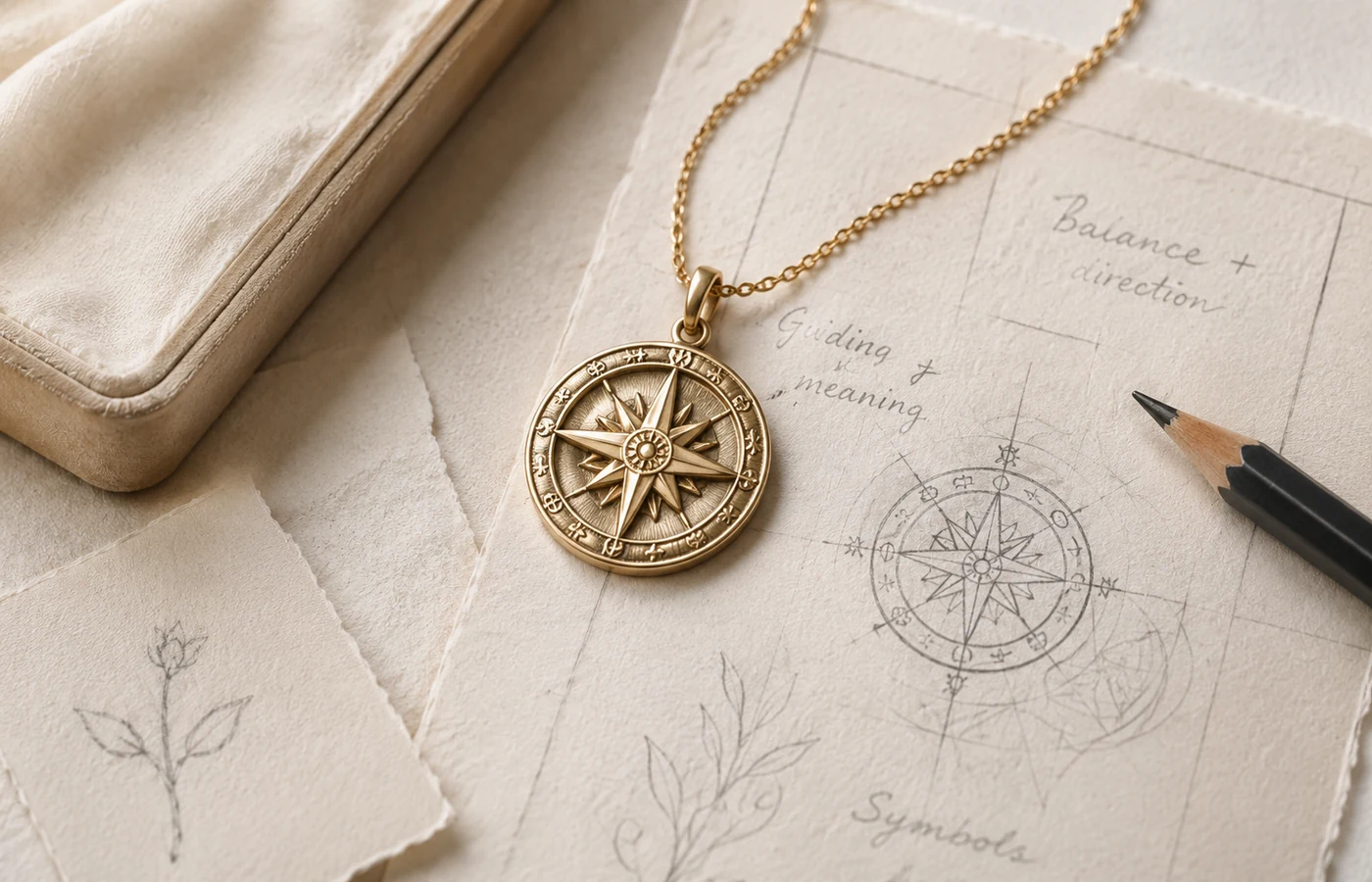 A symbolic compass pendant beside its original hand-drawn design.
