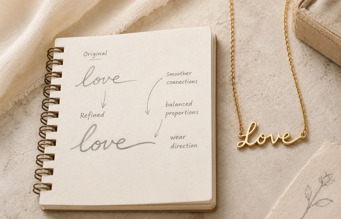 A handwritten word refined into a balanced gold necklace design.